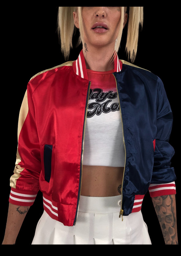 Harley Quinn Red & Blue Silky "Property Of The Joker" Cropped Bomber Jacket