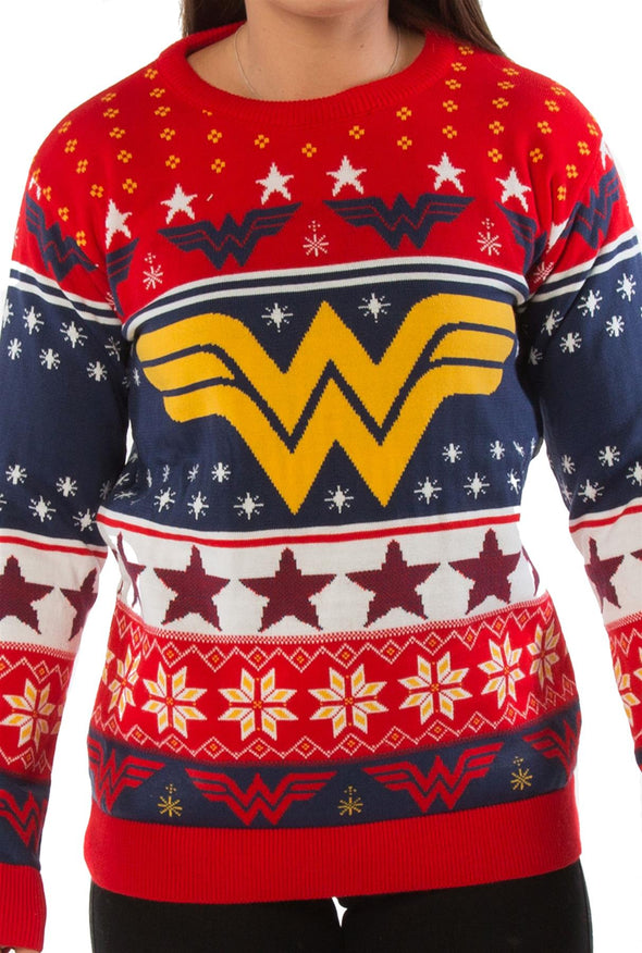 Wonder Woman Classic Logo Red Ladies Fitted Knitted Christmas Jumper
