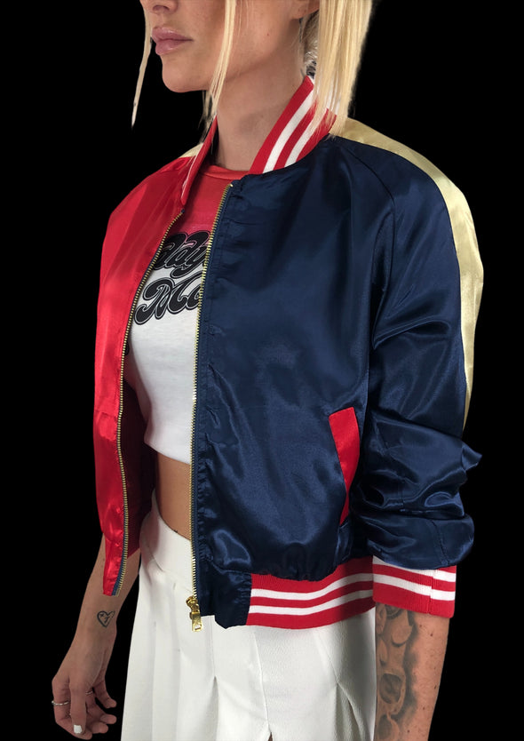 Harley Quinn Red & Blue Silky "Property Of The Joker" Cropped Bomber Jacket